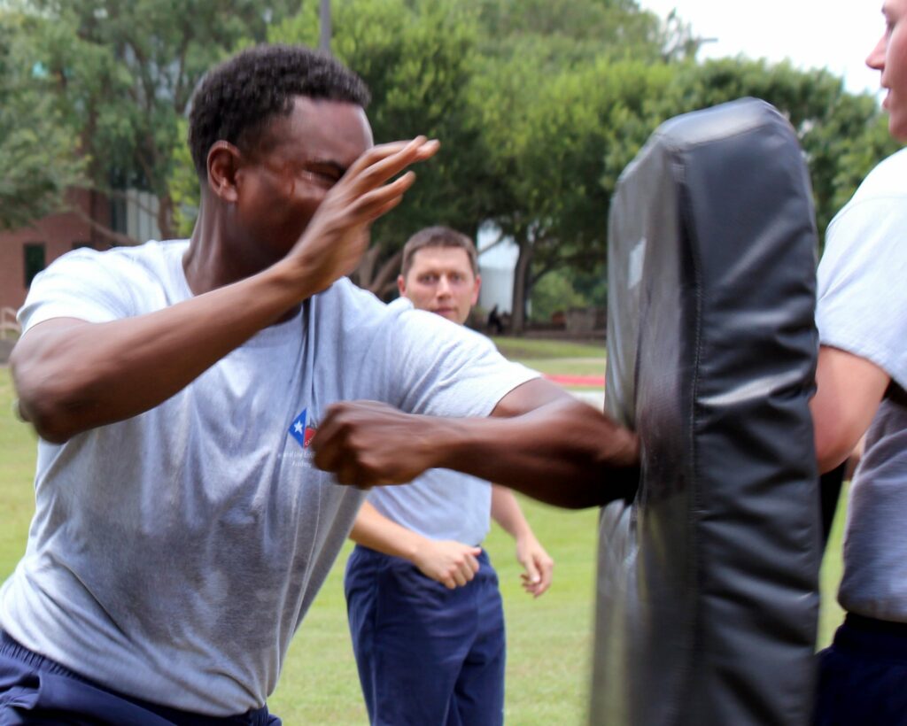 A former 2016 RLEA cadet runs through the OC-spray course during his training.