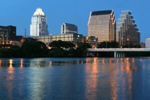 Skyline view of Austin, Texas from across the river.