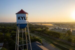 An aerial view of the water tower in Kyle, Texas.